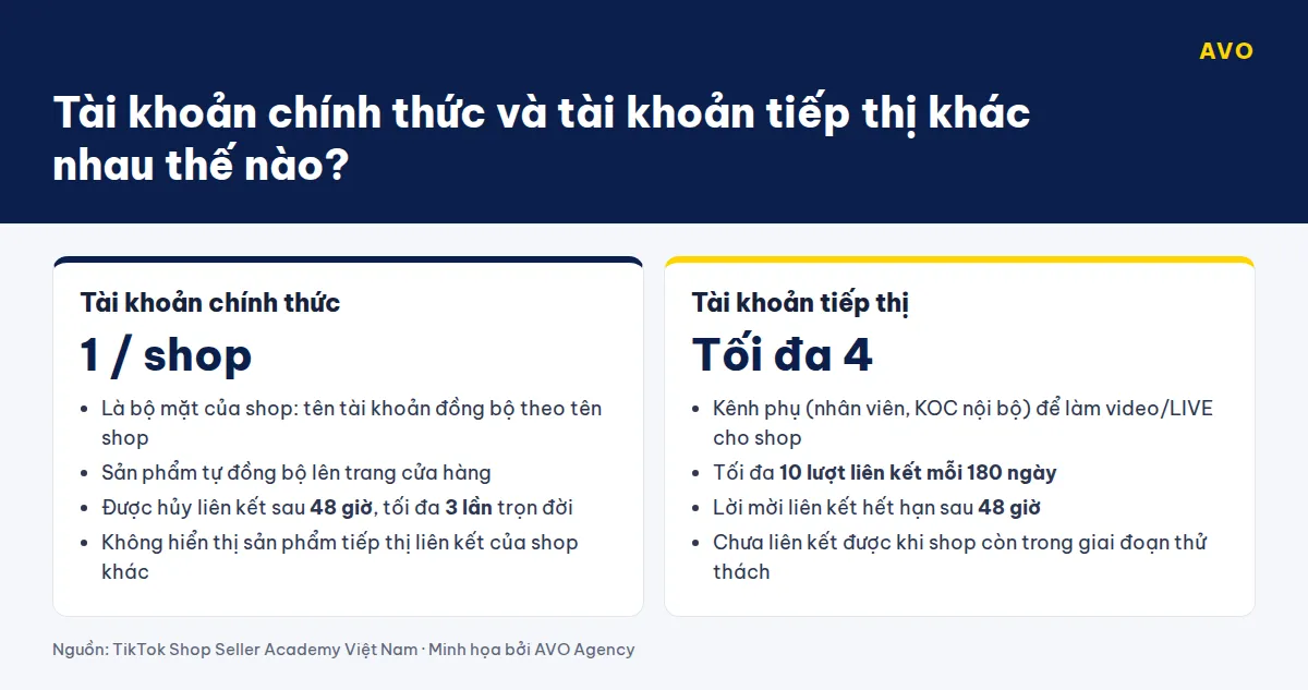 Hai thẻ so sánh tài khoản chính thức TikTok Shop (1 tài khoản mỗi shop, hủy liên kết tối đa 3 lần) và tài khoản tiếp thị (tối đa 4 tài khoản, 10 lượt liên kết mỗi 180 ngày)