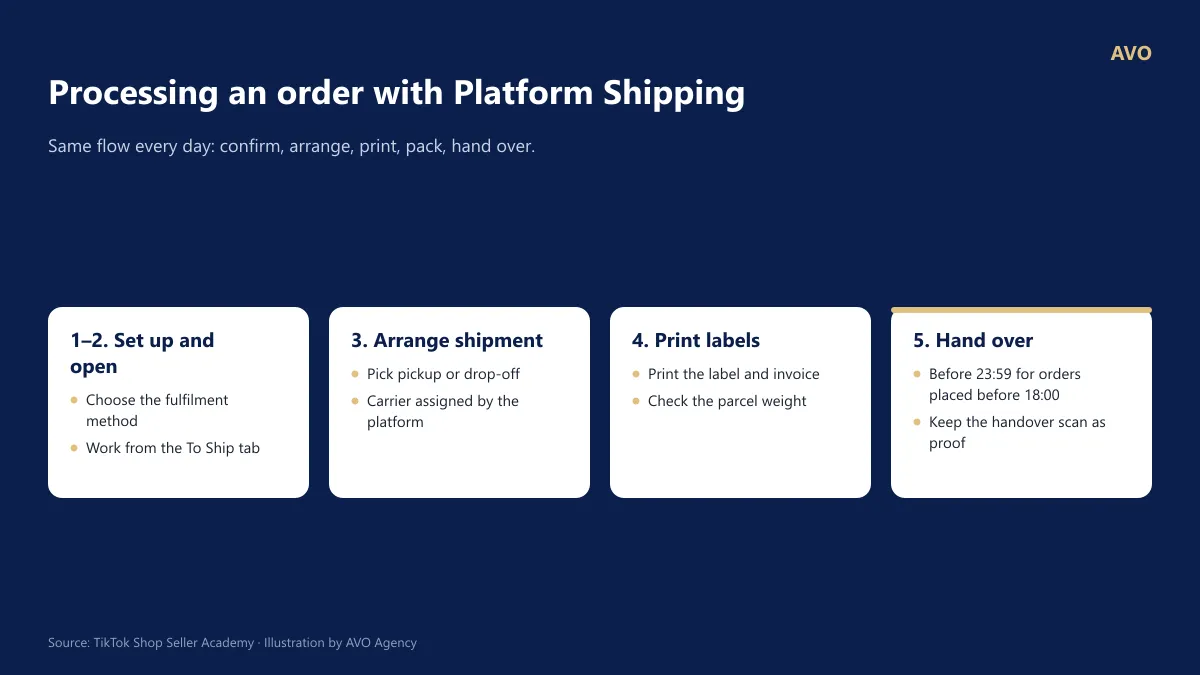 5-step diagram for processing TikTok Shop orders with Platform Shipping: set fulfillment method, open To Ship tab, arrange shipment, print labels, pack, and hand over on time.