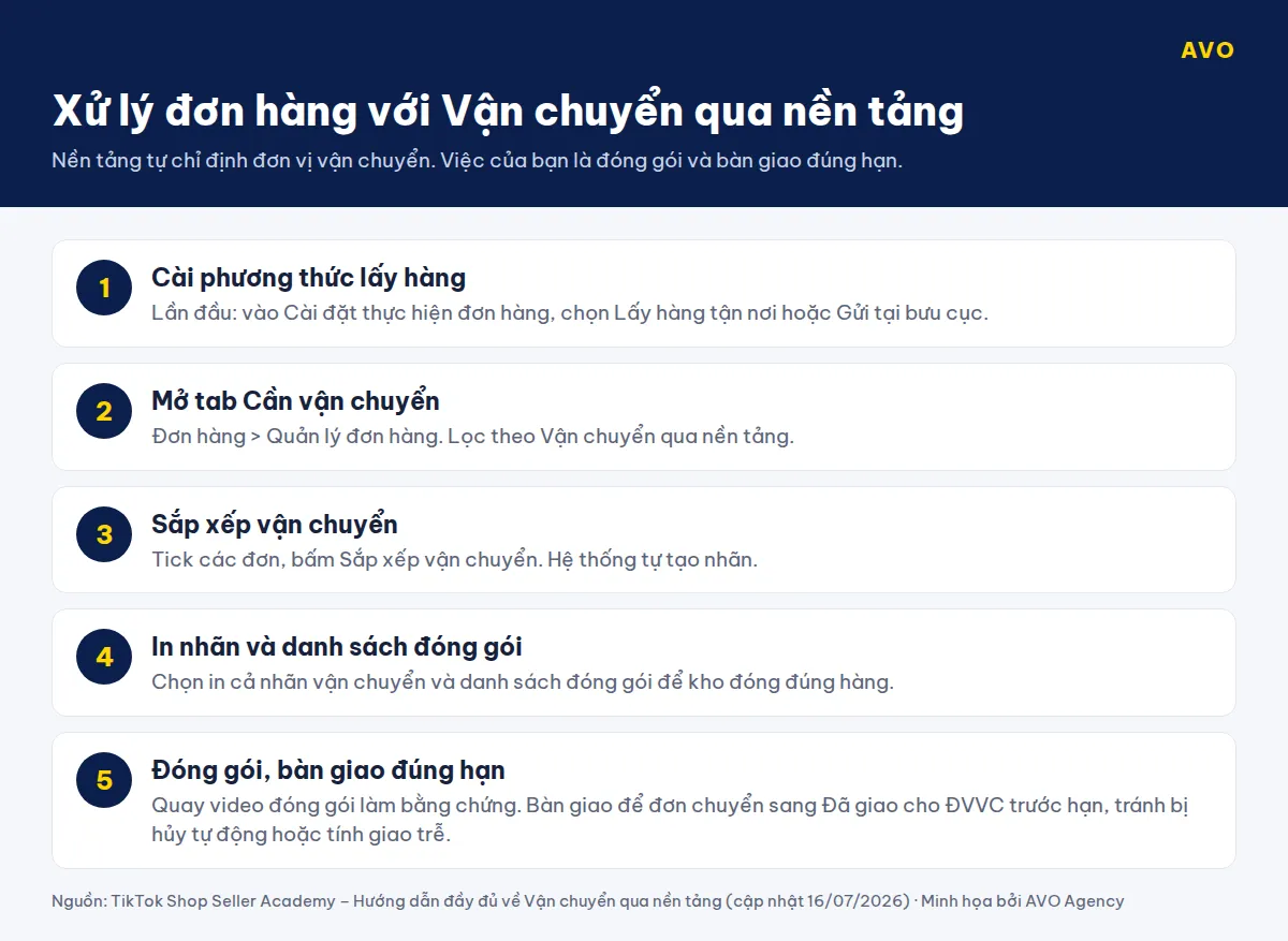 Sơ đồ 5 bước xử lý đơn TikTok Shop với Vận chuyển qua nền tảng: cài phương thức lấy hàng, mở tab Cần vận chuyển, sắp xếp vận chuyển, in nhãn, đóng gói và bàn giao đúng hạn