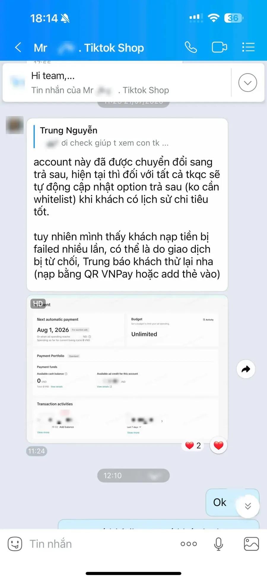Kết quả: tài khoản đã được chuyển sang trả sau