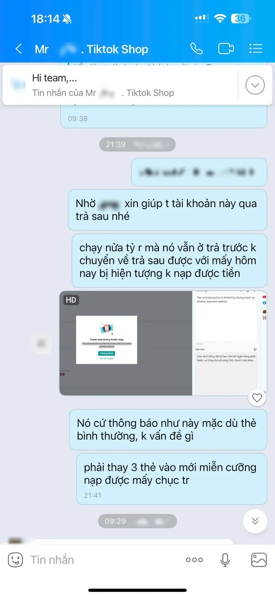 Đề nghị chuyển tài khoản sang trả sau vì nạp tiền liên tục lỗi