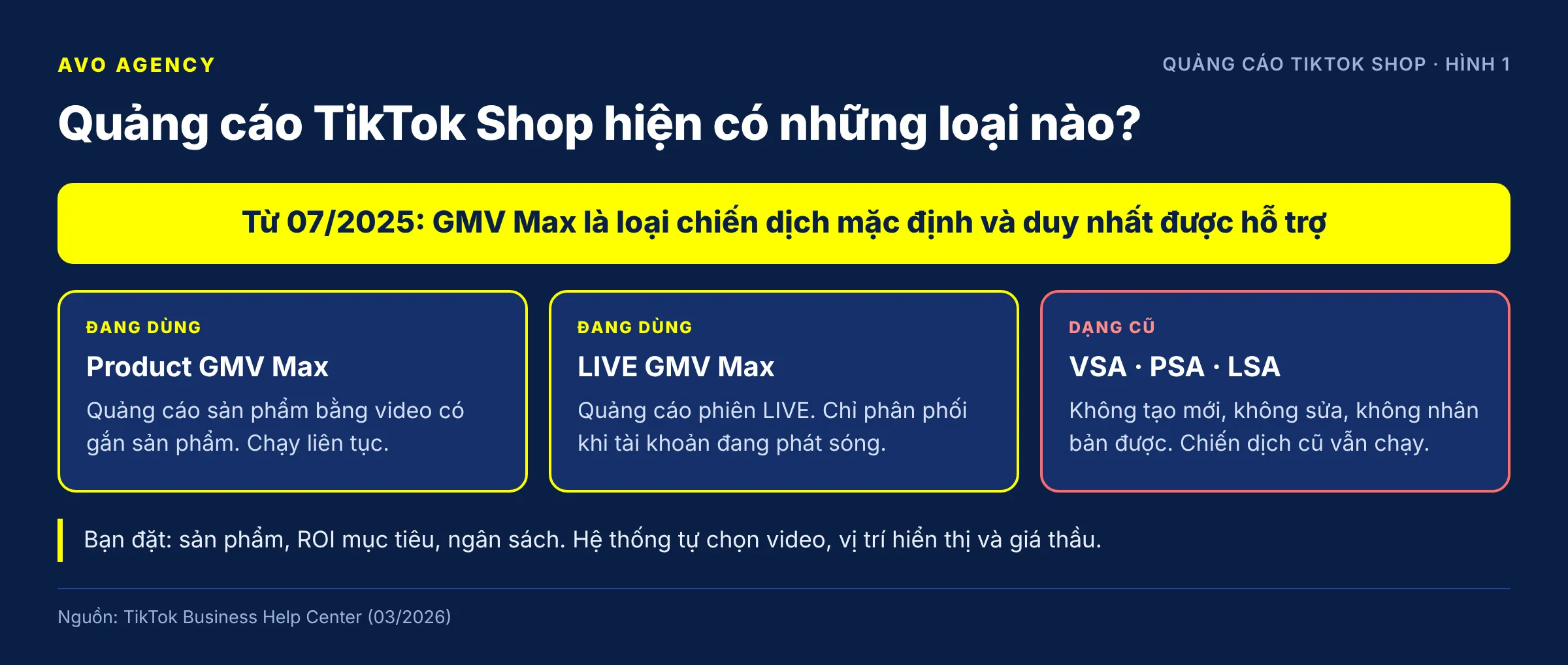 Diagram of TikTok Shop ad types: Product GMV Max and LIVE GMV Max are the two formats in use, while VSA, PSA and LSA are old formats that cannot be created since July 2025