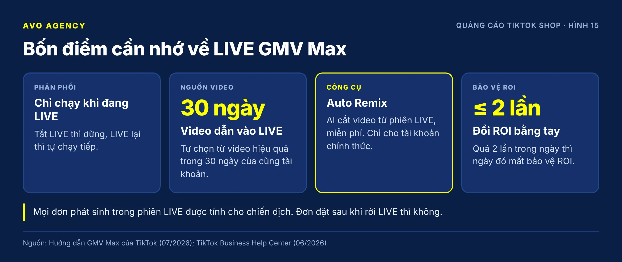 Four cards of notes on LIVE GMV Max: it only runs while LIVE, videos leading into the LIVE come from the last 30 days, Auto Remix creates free videos for the official account, and change ROI at most 2 times a day to keep ROI Protection